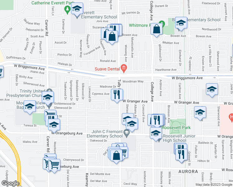 map of restaurants, bars, coffee shops, grocery stores, and more near 1619 Tully Road in Modesto