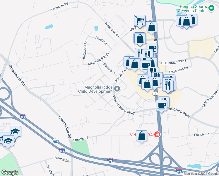 map of restaurants, bars, coffee shops, grocery stores, and more near 10605 Anable Lane in Glen Allen