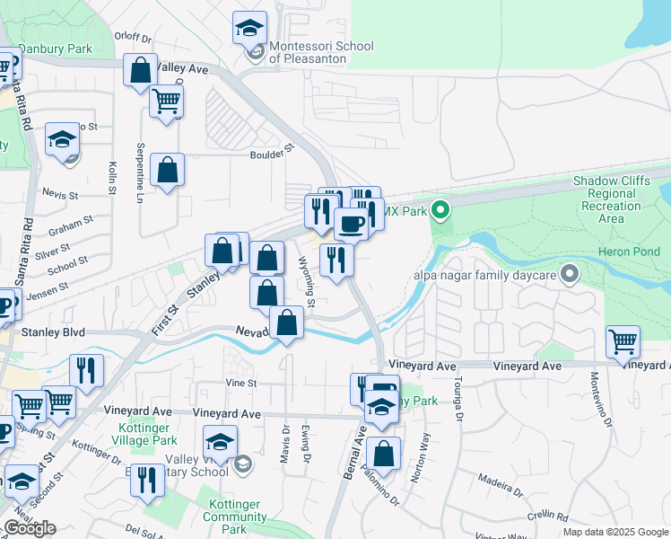 map of restaurants, bars, coffee shops, grocery stores, and more near 142 Wyoming Street in Pleasanton