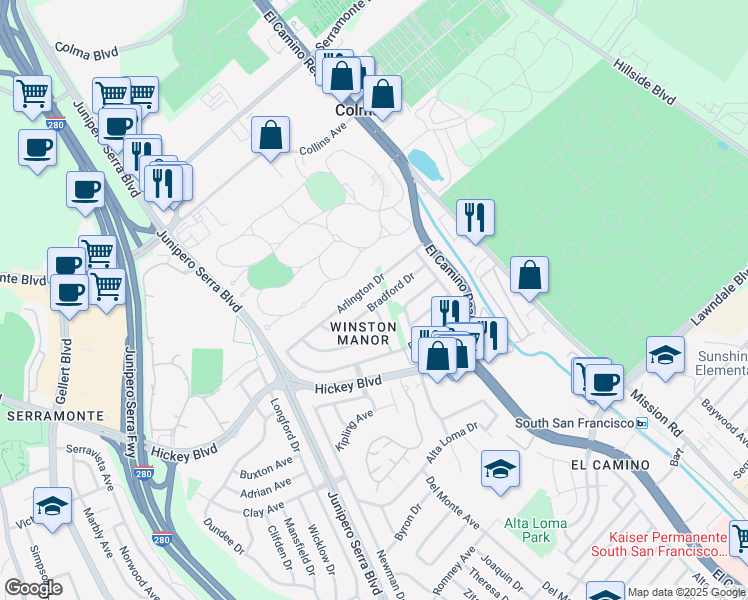 map of restaurants, bars, coffee shops, grocery stores, and more near 28 Bradford Drive in South San Francisco