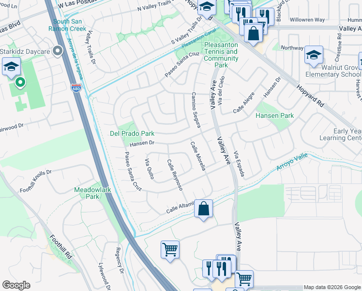 map of restaurants, bars, coffee shops, grocery stores, and more near 6566 Vía San Blas in Pleasanton