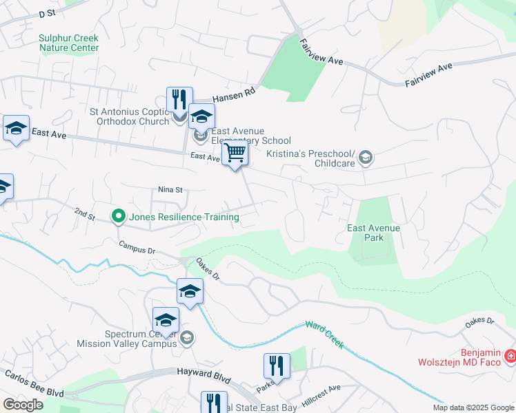 map of restaurants, bars, coffee shops, grocery stores, and more near 2701 Colony View Place in Hayward