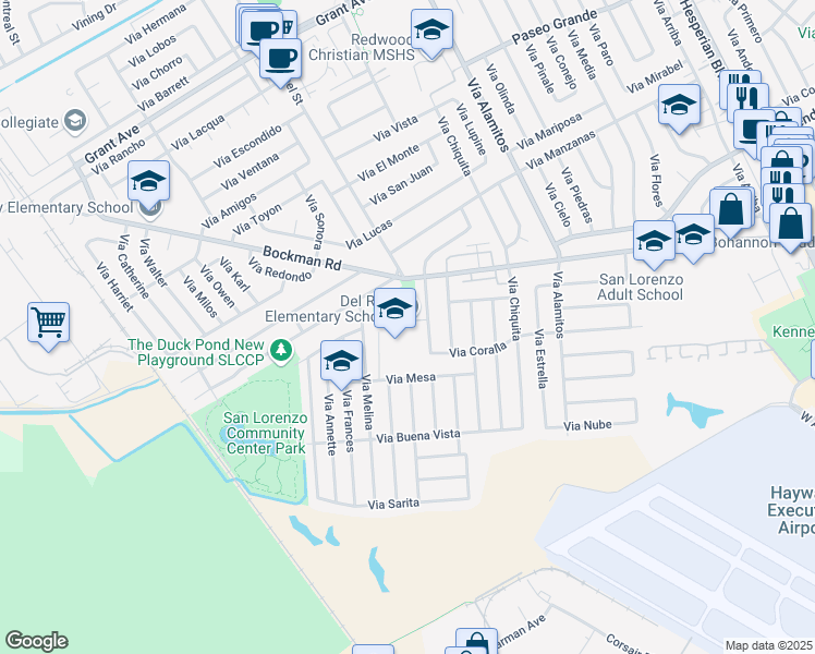 map of restaurants, bars, coffee shops, grocery stores, and more near 1510 Vía Sonya in San Lorenzo