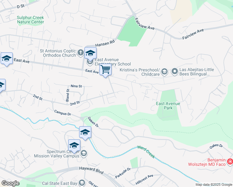map of restaurants, bars, coffee shops, grocery stores, and more near 2701 Colony View Place in Hayward