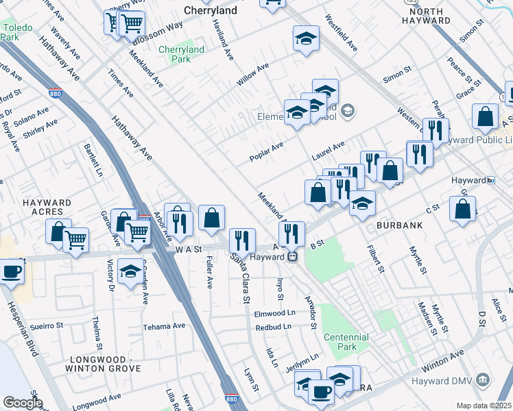 map of restaurants, bars, coffee shops, grocery stores, and more near 22383 Meekland Avenue in Hayward