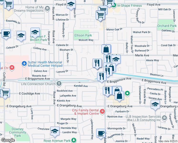 map of restaurants, bars, coffee shops, grocery stores, and more near 1610 Woolston Court in Modesto