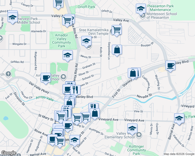 map of restaurants, bars, coffee shops, grocery stores, and more near 4040 Jensen Street in Pleasanton