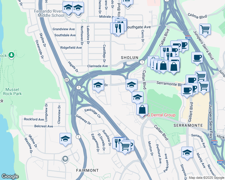 map of restaurants, bars, coffee shops, grocery stores, and more near 699 Serramonte Boulevard in Daly City