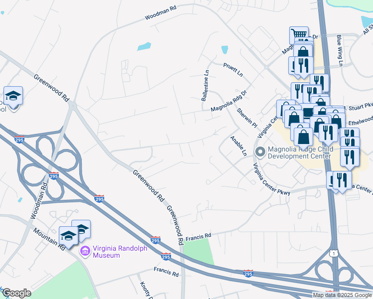 map of restaurants, bars, coffee shops, grocery stores, and more near 10716 Hunton Station Court in Glen Allen