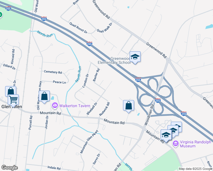 map of restaurants, bars, coffee shops, grocery stores, and more near 10908 Bluebell Drive in Glen Allen