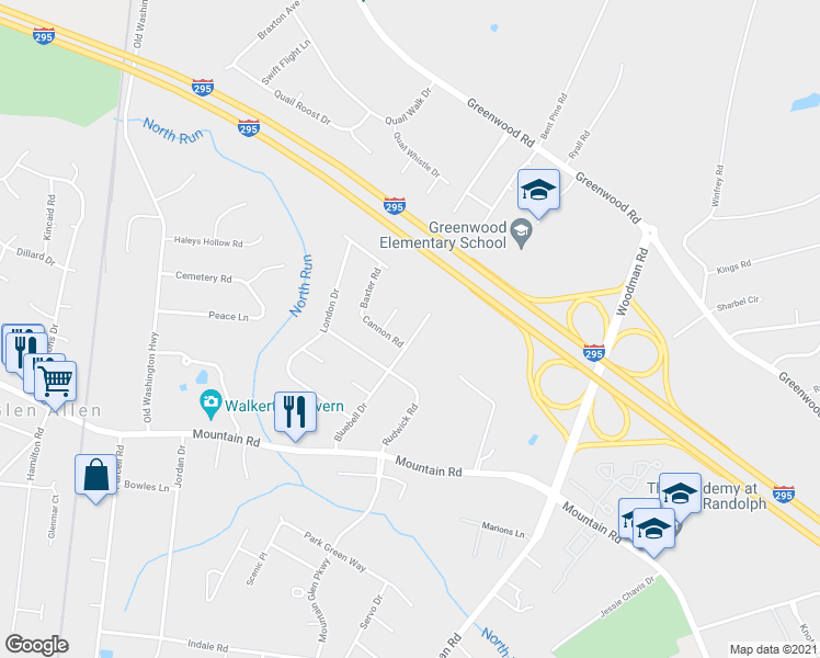 map of restaurants, bars, coffee shops, grocery stores, and more near 10908 Bluebell Drive in Glen Allen