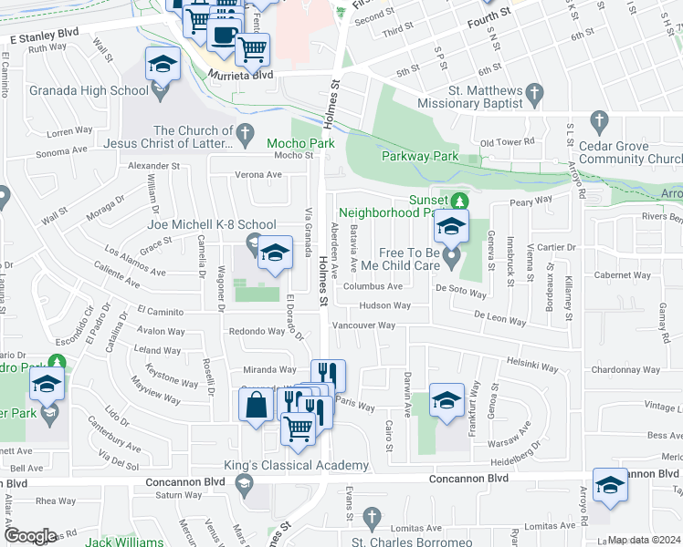 map of restaurants, bars, coffee shops, grocery stores, and more near 1162 Aberdeen Avenue in Livermore