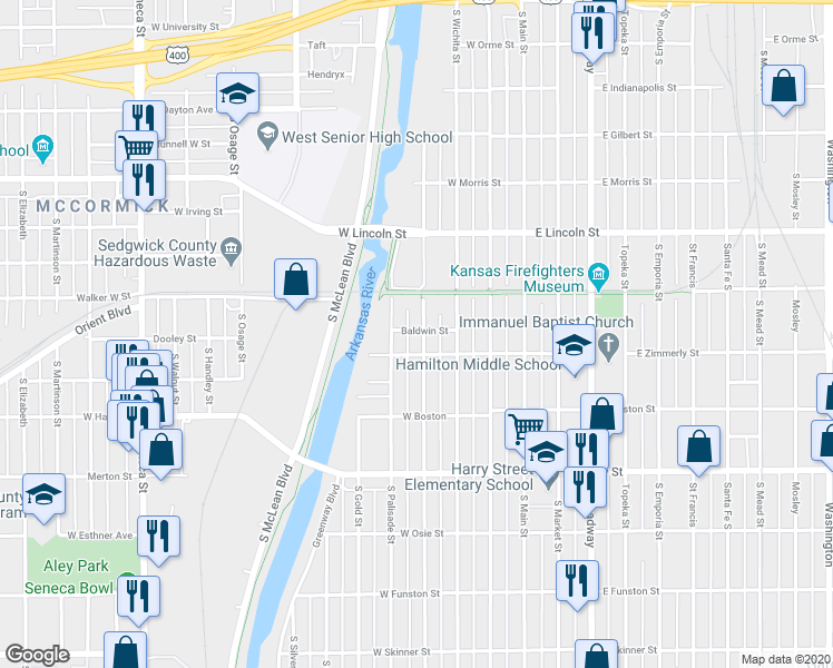 map of restaurants, bars, coffee shops, grocery stores, and more near 1335 South Waco Avenue in Wichita