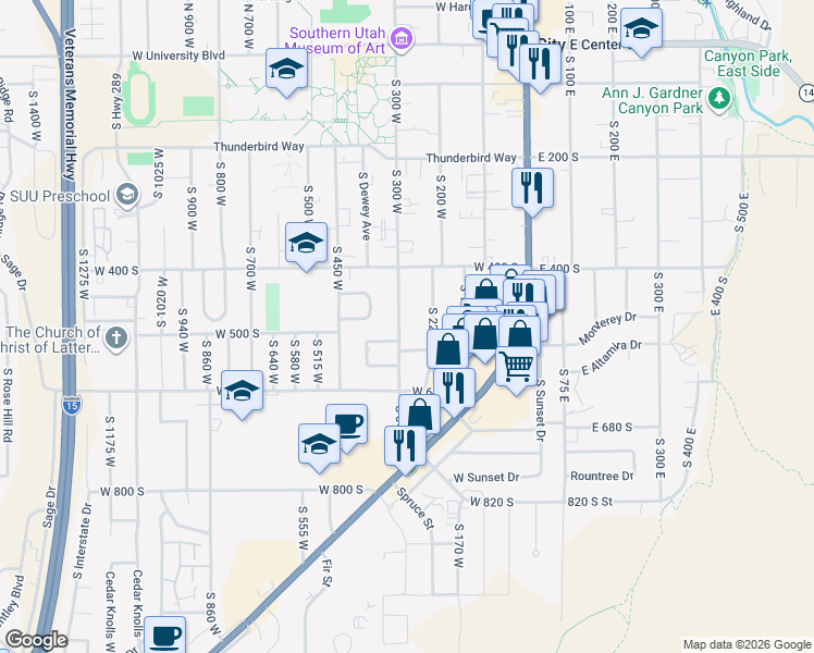 map of restaurants, bars, coffee shops, grocery stores, and more near 525 Cedarwood Terrace in Cedar City