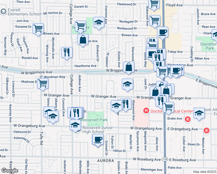 map of restaurants, bars, coffee shops, grocery stores, and more near 617 West Granger Avenue in Modesto
