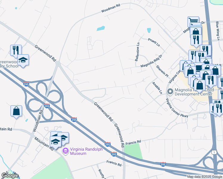 map of restaurants, bars, coffee shops, grocery stores, and more near 1917 Greenwood Glen Drive in Glen Allen