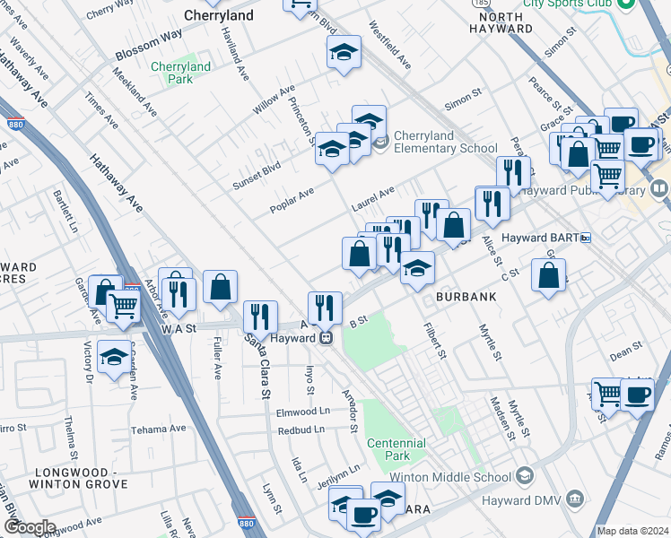 map of restaurants, bars, coffee shops, grocery stores, and more near 188 Smalley Avenue in Hayward