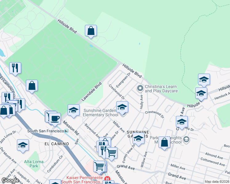 map of restaurants, bars, coffee shops, grocery stores, and more near 398 Evergreen Drive in South San Francisco