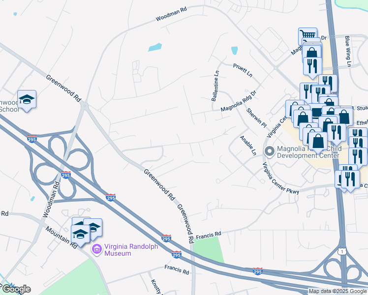 map of restaurants, bars, coffee shops, grocery stores, and more near 1905 Greenwood Glen Drive in Glen Allen