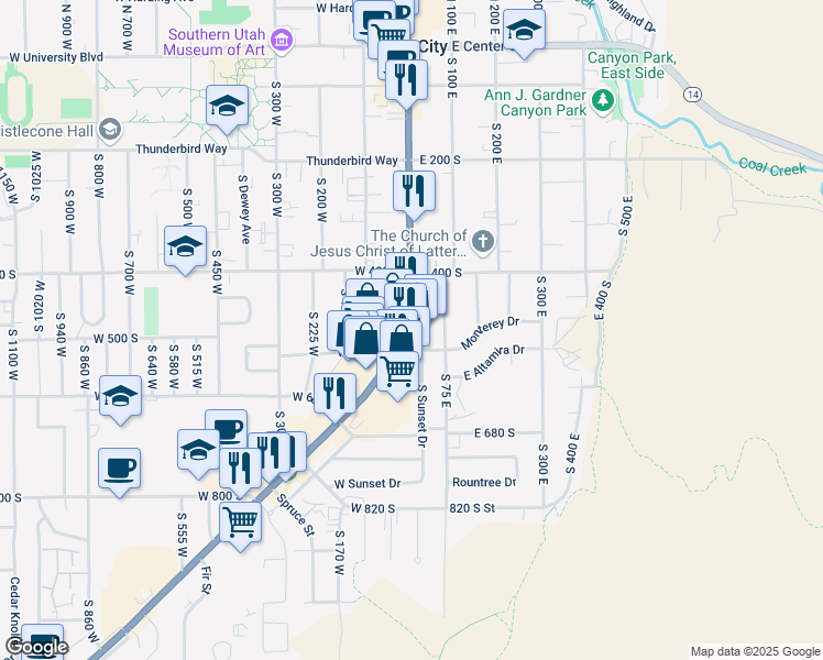 map of restaurants, bars, coffee shops, grocery stores, and more near 71 Monterey Drive in Cedar City