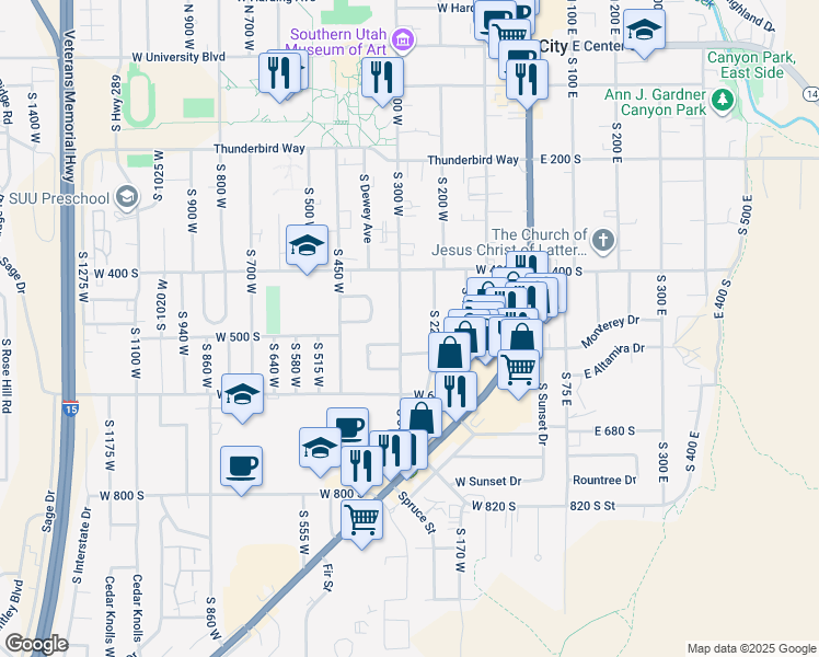 map of restaurants, bars, coffee shops, grocery stores, and more near 525 Cedarwood Terrace in Cedar City