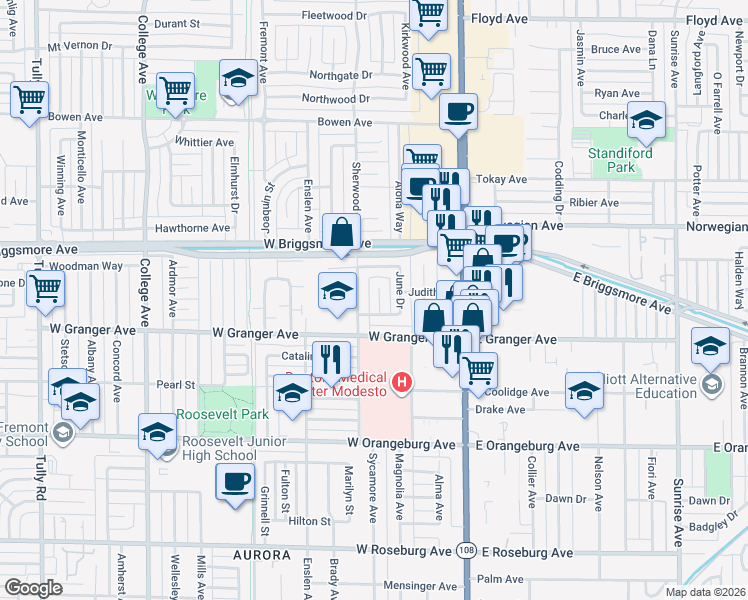 map of restaurants, bars, coffee shops, grocery stores, and more near 314 Lelah Avenue in Modesto