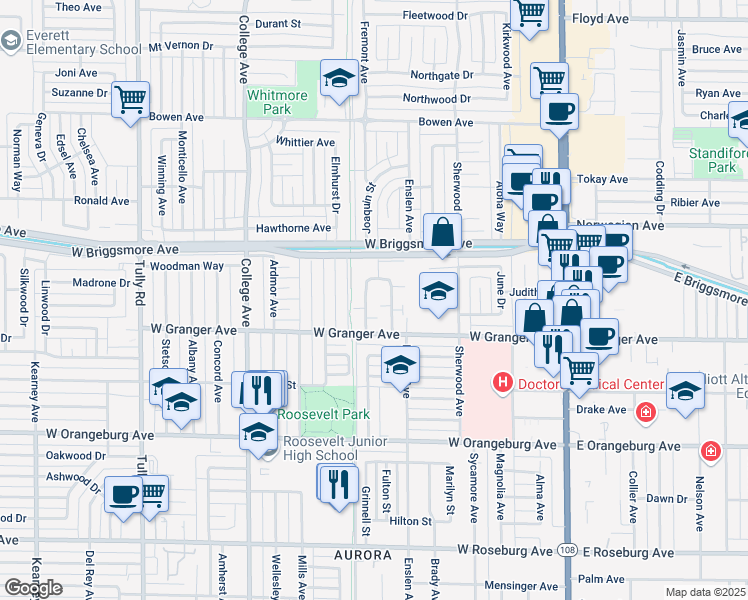 map of restaurants, bars, coffee shops, grocery stores, and more near 617 West Granger Avenue in Modesto