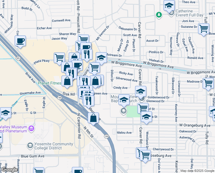 map of restaurants, bars, coffee shops, grocery stores, and more near 1601 Randazzo Avenue in Modesto