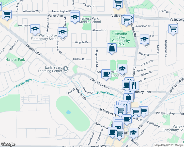 map of restaurants, bars, coffee shops, grocery stores, and more near 4682 Del Valle Parkway in Pleasanton