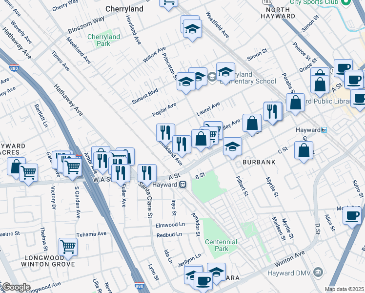map of restaurants, bars, coffee shops, grocery stores, and more near 22416 Meekland Avenue in Hayward