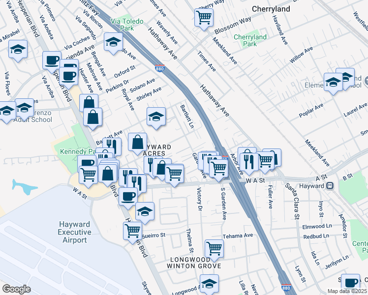 map of restaurants, bars, coffee shops, grocery stores, and more near 534 Garden Place in Hayward