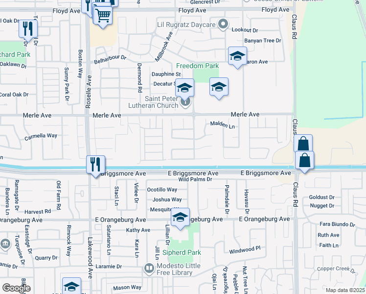 map of restaurants, bars, coffee shops, grocery stores, and more near 3425 Gisborne Way in Modesto