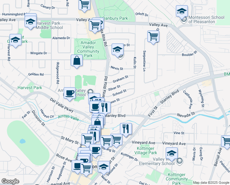 map of restaurants, bars, coffee shops, grocery stores, and more near 4219 School Street in Pleasanton