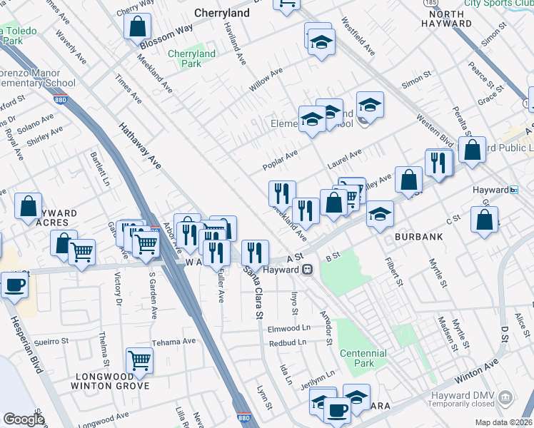 map of restaurants, bars, coffee shops, grocery stores, and more near 22325 Meekland Avenue in Hayward