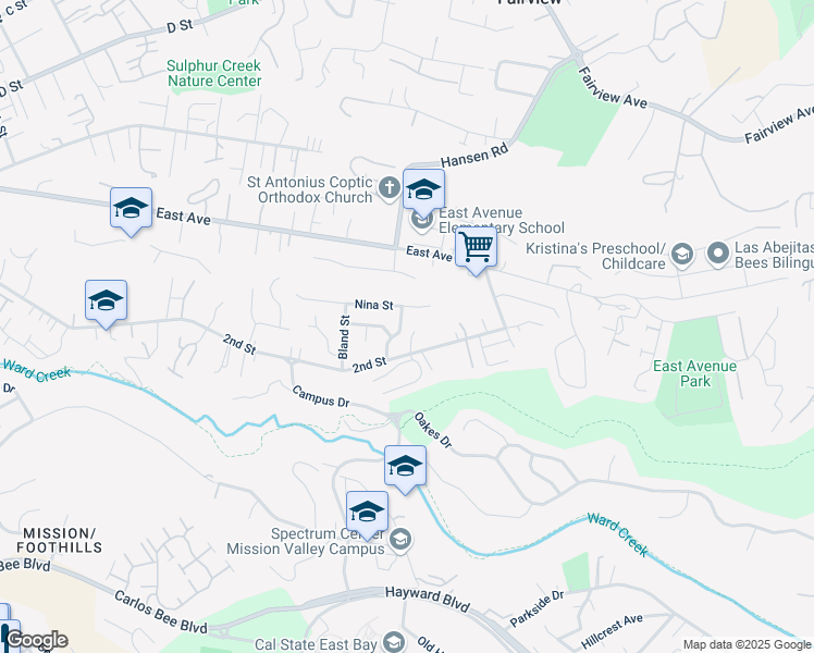 map of restaurants, bars, coffee shops, grocery stores, and more near 24964 Panitz Street in Hayward