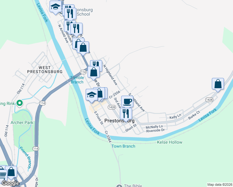 map of restaurants, bars, coffee shops, grocery stores, and more near 102 East Court Street in Prestonsburg