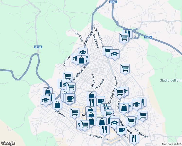 map of restaurants, bars, coffee shops, grocery stores, and more near 81 Via Cardoni in Adrano