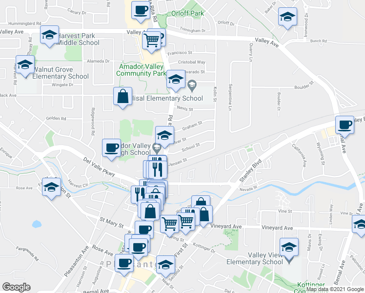 map of restaurants, bars, coffee shops, grocery stores, and more near 4219 School Street in Pleasanton
