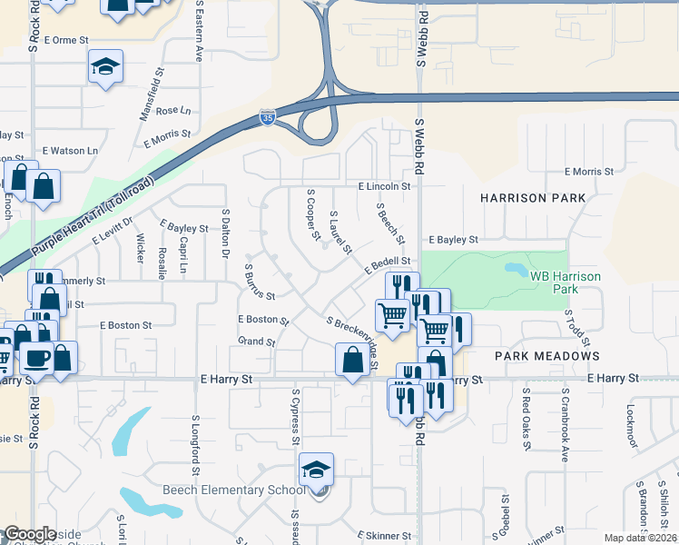 map of restaurants, bars, coffee shops, grocery stores, and more near 9200 East Bedell Street in Wichita