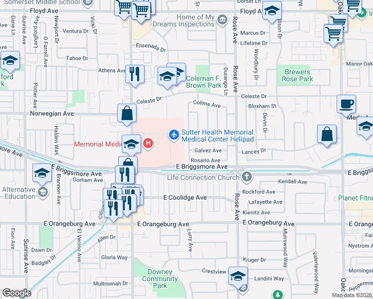 map of restaurants, bars, coffee shops, grocery stores, and more near 1604 Ortega Drive in Modesto