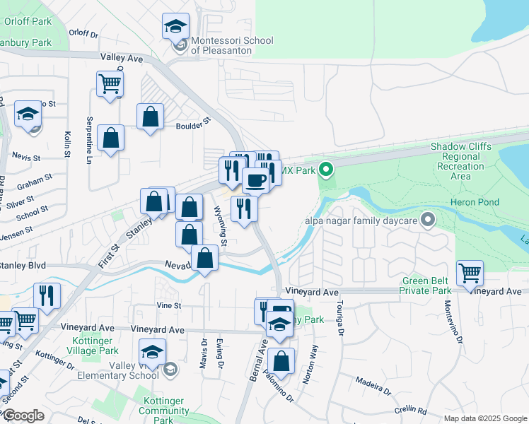 map of restaurants, bars, coffee shops, grocery stores, and more near 53 Vintage Circle in Pleasanton
