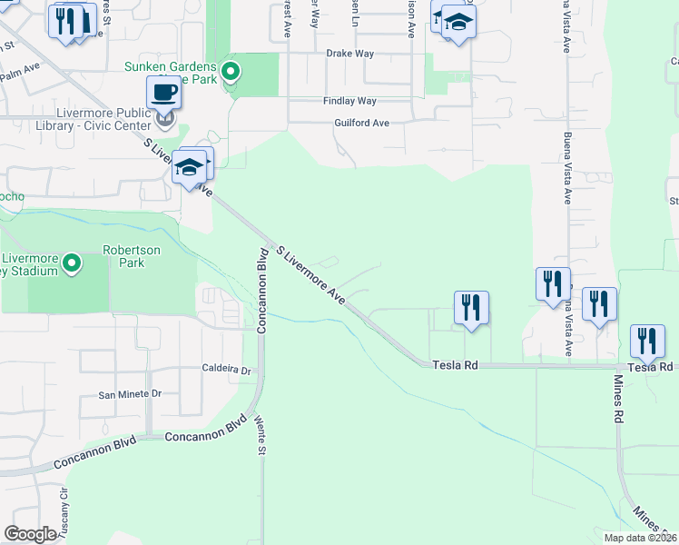 map of restaurants, bars, coffee shops, grocery stores, and more near 2060 South Livermore Avenue in Livermore