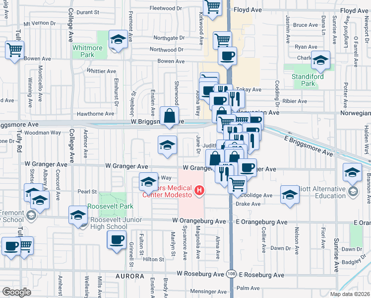 map of restaurants, bars, coffee shops, grocery stores, and more near 314 Lelah Avenue in Modesto