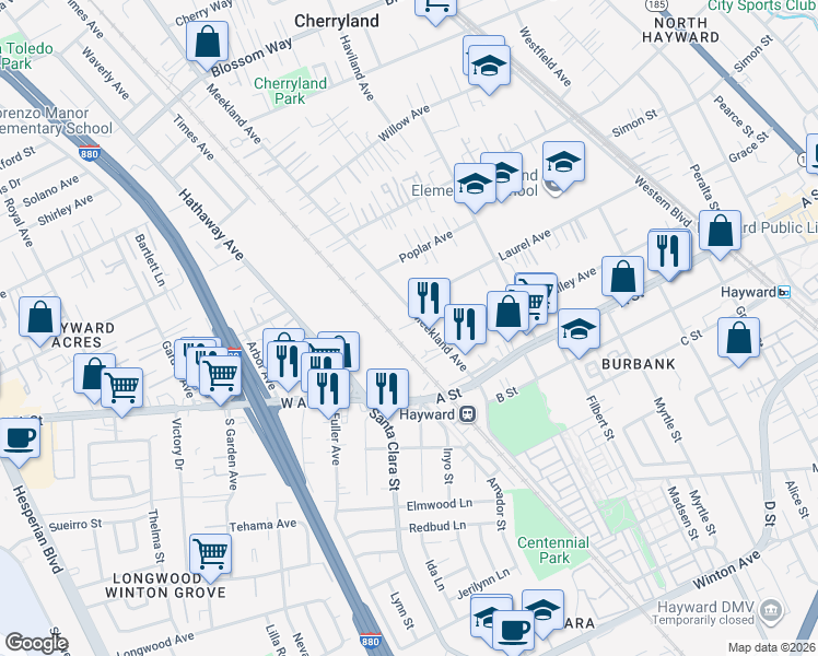map of restaurants, bars, coffee shops, grocery stores, and more near 22325 Meekland Avenue in Hayward