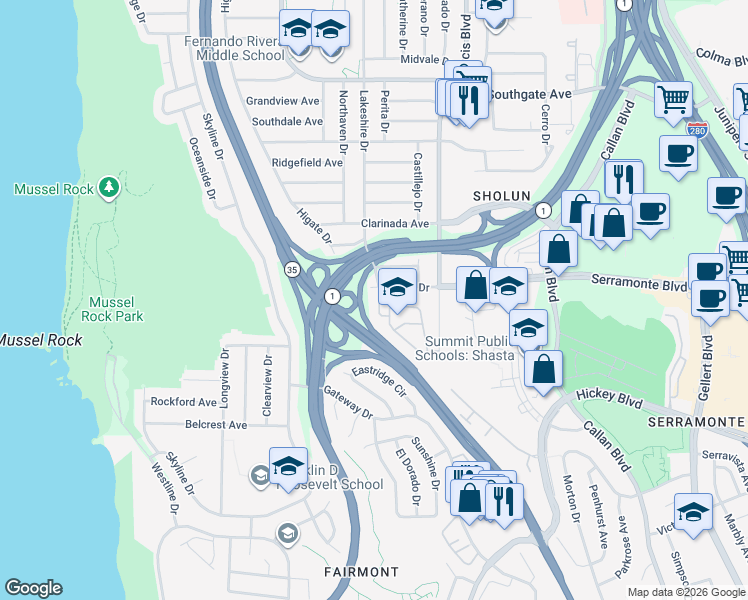 map of restaurants, bars, coffee shops, grocery stores, and more near 16 Christopher Court in Daly City