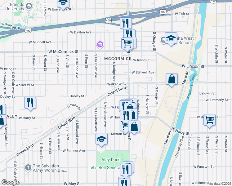 map of restaurants, bars, coffee shops, grocery stores, and more near 1416 South Dodge Avenue in Wichita