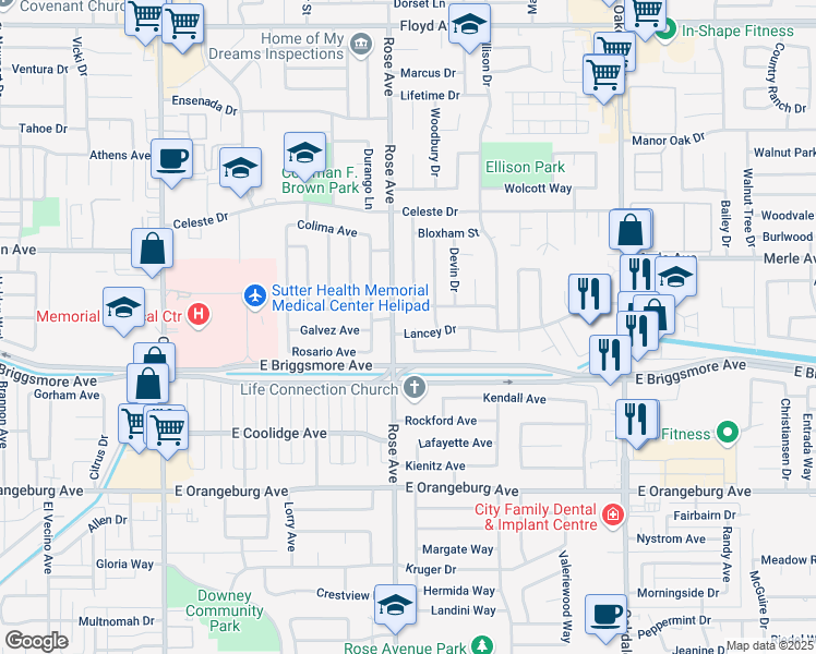 map of restaurants, bars, coffee shops, grocery stores, and more near 1609 Boynton Way in Modesto