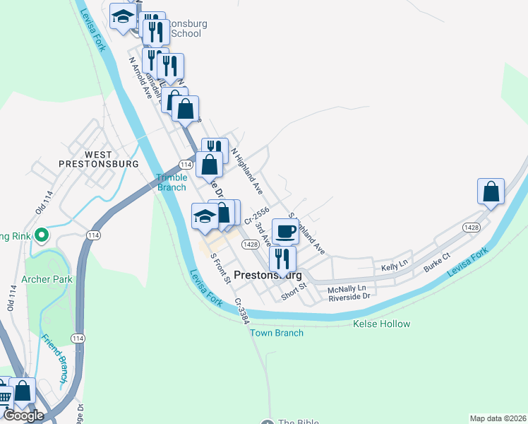 map of restaurants, bars, coffee shops, grocery stores, and more near 102 East Court Street in Prestonsburg