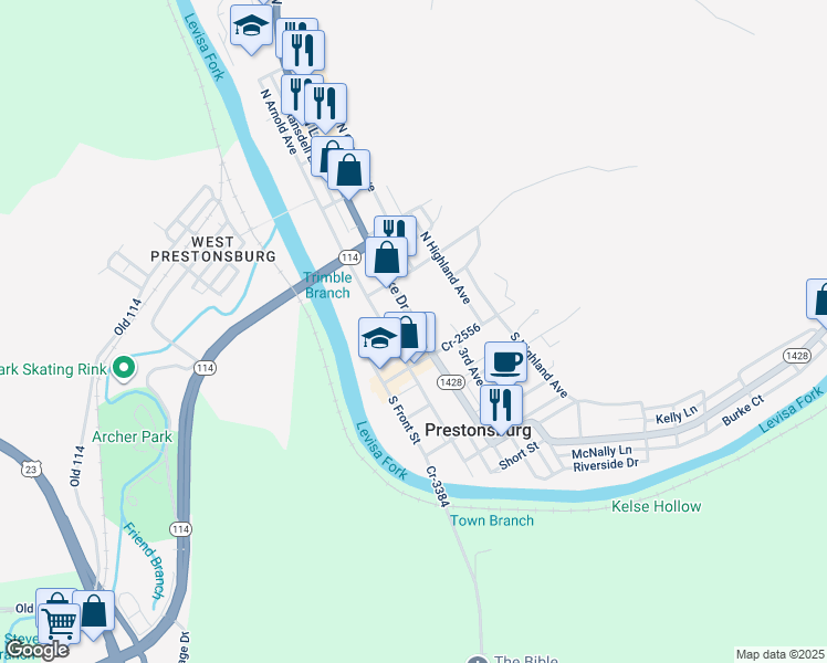 map of restaurants, bars, coffee shops, grocery stores, and more near 29 North Arnold Avenue in Prestonsburg