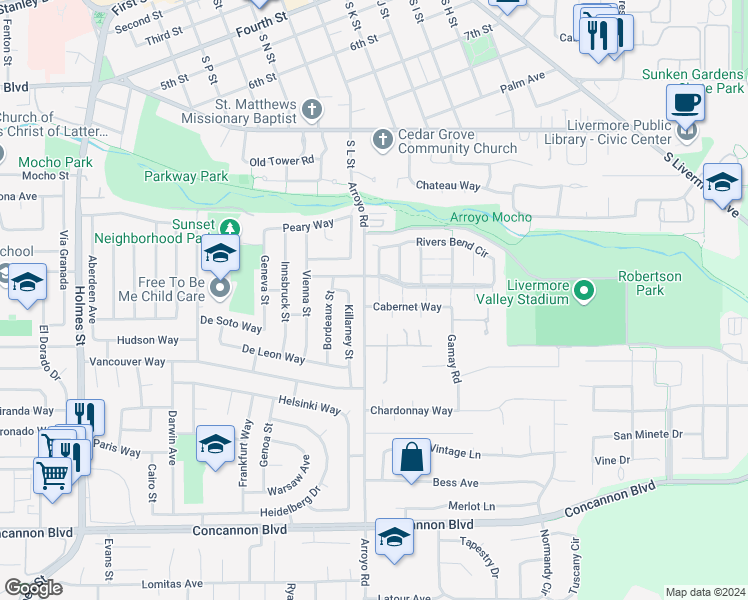 map of restaurants, bars, coffee shops, grocery stores, and more near 2030 Cabernet Way in Livermore